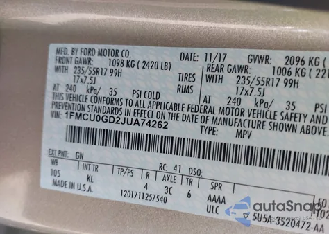 2018 Ford Escape Se из США, поврежденный, VIN 1FMCU0GD2JUA74262